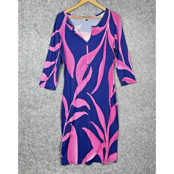 The Kit Tropical Leaf Print Boho Midi Dress Size L‎ Slim Fit Stretchy Resortwear - Picture 1 of 8